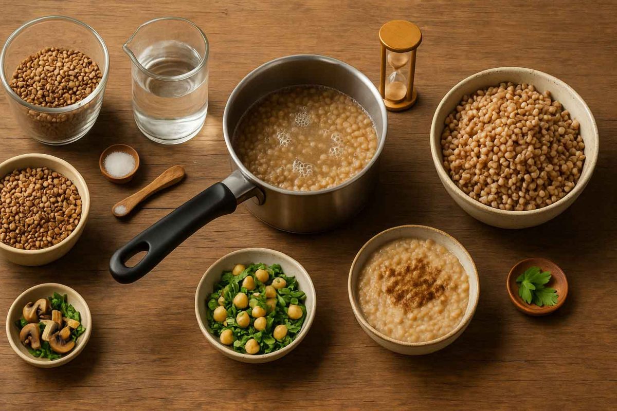 روش پخت گندم سیاه؛ دانه خام، قابلمه در حال جوش، گندم‌سیاه پخته و سرو شده کنار سالاد نخود و قارچ و حلیم وگان — گزینه‌ای سالم و بدون گلوتن