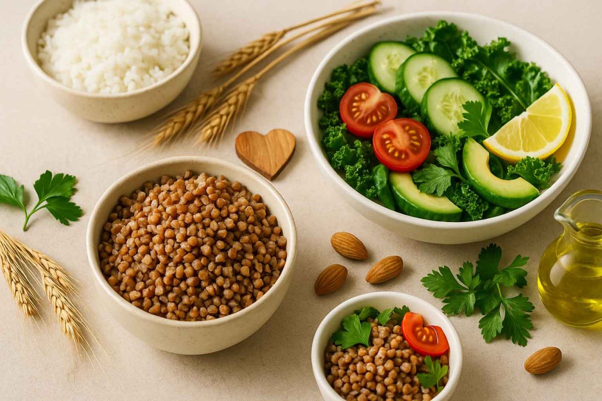 کاسه گندم سیاه پخته کنار سالاد سبز، برنج سفید، بادام و روغن زیتون؛ تصویر جایگزین سالم و بدون گلوتن به‌جای برنج