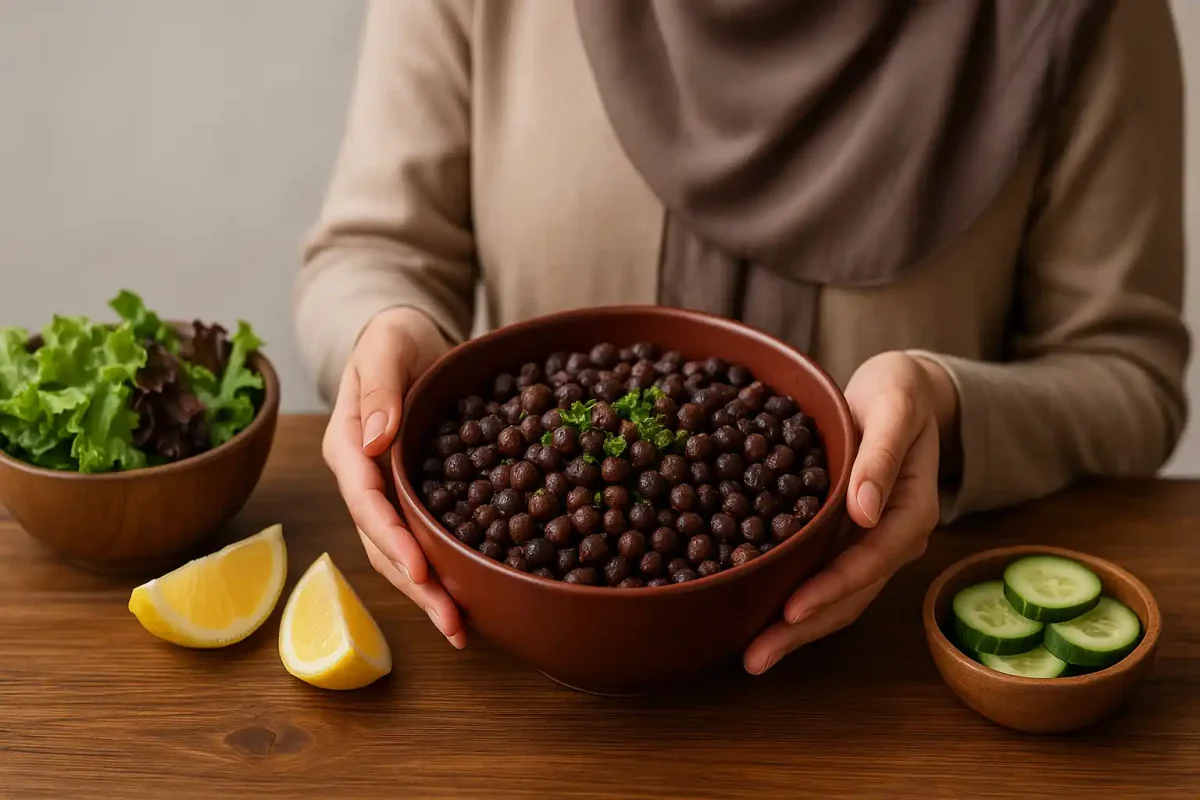 تصویر از بالا از زن باحجاب که کاسه‌ای از نخود سیاه پخته را در دست دارد، در کنار سبزیجات تازه، برش‌های لیمو و خیار روی میز چوبی؛ با نور طبیعی و حس تغذیه سالم و تناسب اندام مناسب بخش خواص تغذیه‌ای و لاغری در سایت سورن فودز