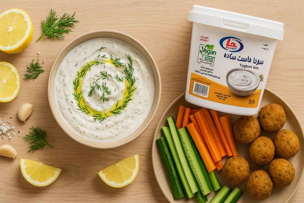 دیپ ماستی وگان با ماست سویا ساده دنیا، سیر خردشده، شوید تازه و لیموترش کنار سبزیجات و فلافل؛ نمای از بالا روی میز