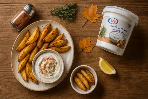 دیپ سویا ماست موسیر دنیا کنار سیب‌زمینی تنوری با پاپریکا و شوید؛ نمای از بالا