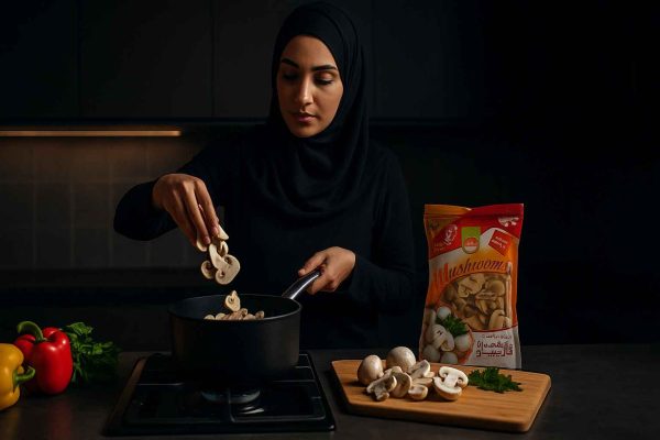 خانمی باحجاب در آشپزخانه مدرن در حال ریختن قارچ بلنچ قارچینو در قابلمه با نور سینمایی و سبزیجات تازه روی میز