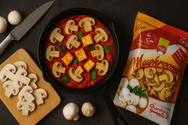 نمای بالا از املت گوجهفرنگی با قارچ بلنچ قارچینو و پنیر توفوی سرخشده روی میز آشپزخانه با چاقو و قارچهای اسلایسشده