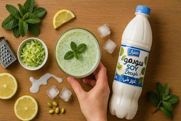 سویا دوغ هراز ۱.۵ لیتری در نمای بالا کنار اسموتی نعناع‌–خیار؛ دست در حال برداشتن لیوان، خیار رنده‌شده، برش‌های لیمو، یخ، برگ نعناع و دانه‌های سویا روی میز