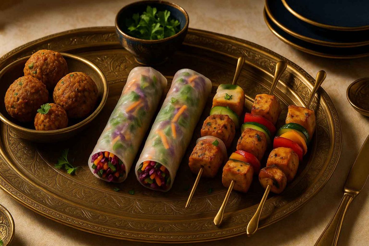 میان‌وعده‌ها و فینگر فودهای وگان شامل توپک‌های نخودچی، رول سبزیجات و سیخ‌های جایگزین مرغ گیاهی روی سینی برنجی مجلسی در پذیرایی ایرانی شیک