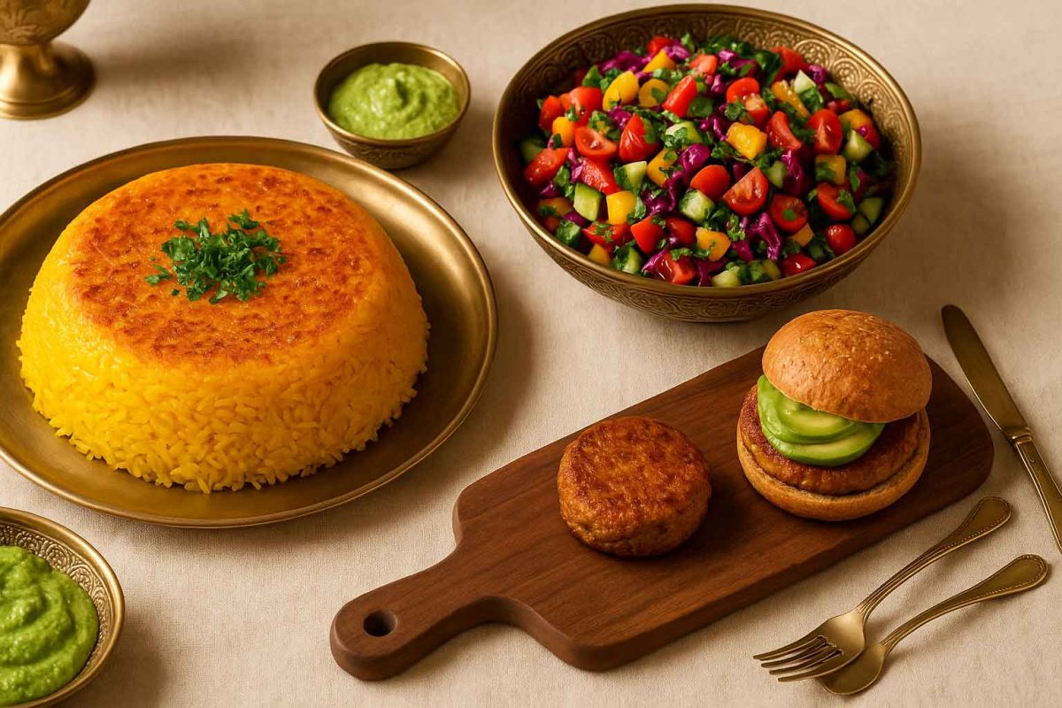 میز پذیرایی ایرانی لوکس با ته‌چین زعفرانی وگان در مرکز، سالاد سبزیجات رنگارنگ در کاسه برنجی و برگر گیاهی زیتکس با سس سبز آووکادو روی تخته چوبی