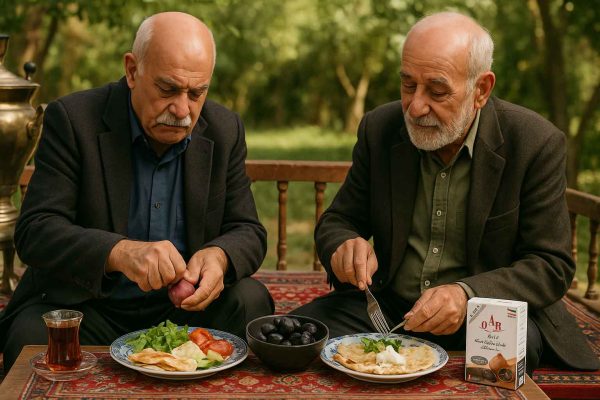 دو پیرمرد ایرانی با لباس سنتی روی تخت در باغ نشسته‌اند، کنار سماور و چای در حال خوردن نهار هستند، یکی با مشت روی پیاز می‌کوبد و کاسه سیر سیاه و بسته‌بندی محصول OAB روی تخت قرار دارد.