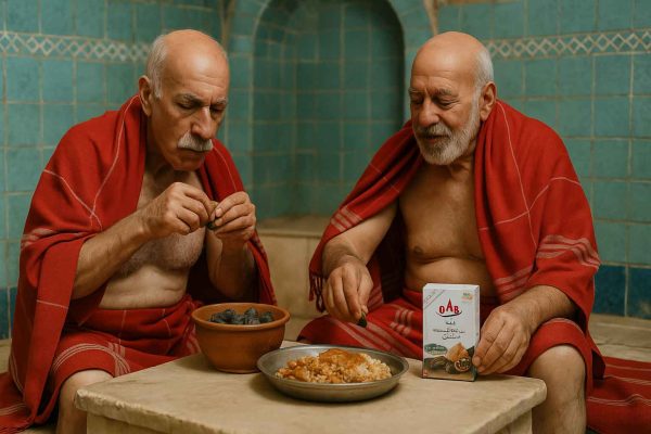 دو پیرمرد ایرانی با لنگ قرمز روی شانه و کمر در حمام سنتی دهه ۳۰ در حال خوردن نهار کنار کاسه سیر سیاه و بسته‌بندی محصول OAB