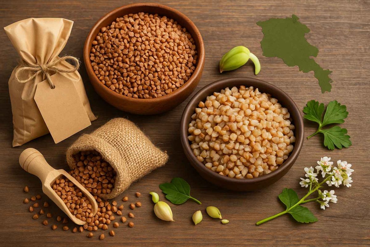 گندم سیاه ارگانیک وارداتی از ارمنستان؛ دانه خام و پخته روی میز چوبی با کیسه کنفی و گل بوکویت — بدون گلوتن، بدون افزودنی و غیرتراریخته برای خریداران تهران