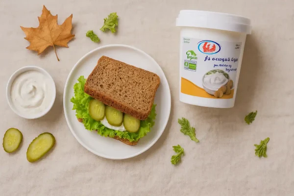 ساندویچ سبک بعد تمرین با نان سبوس‌دار، کاهو، خیارشور و اسپرد سویا ماست موسیر دنیا؛ نمای بالایی