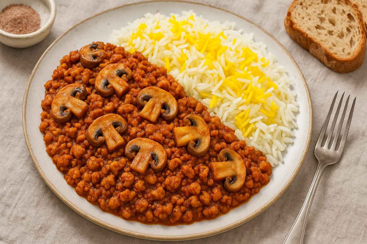 خوراک مجلسی سویا و قارچ با سس رب گوجه غلیظ در کنار پلو زعفرانی و نان سنتی؛ سرو شده در بشقاب ایرانی با بخار گرم و تزئین جعفری