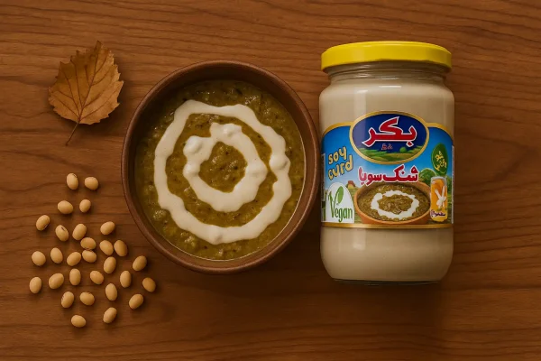 کشک سویا بکر کنار ظرف کله‌جوش ایرانی با تزئین کشک روی میز چوبی نارون