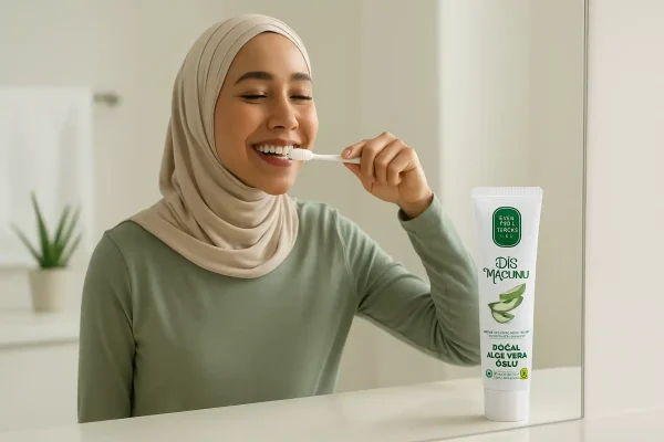 زن وگان باحجاب در حال مسواک زدن با خمیر دندان آلوئه ورا ایوب صبری وگان در فضای روشن صبحگاهی