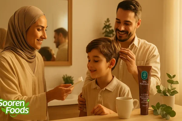 خانواده وگان شامل زن باحجاب، پدر و فرزند در صبحی گرم و روشن در حال آماده شدن با خمیردندان قهوه ایوب صبری وگان و لوگوی سورن فودز