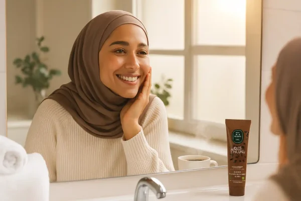 زن وگان باحجاب پس از مسواک زدن با خمیردندان قهوه ایوب صبری وگان در حال لبخند زدن در آینه در نور گرم و طبیعی صبحگاهی