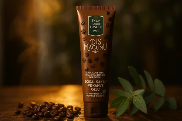 تصویر هنری خمیردندان قهوه ایوب صبری وگان با دانههای قهوه و برگ اکالیپتوس در نور طلایی طبیعی