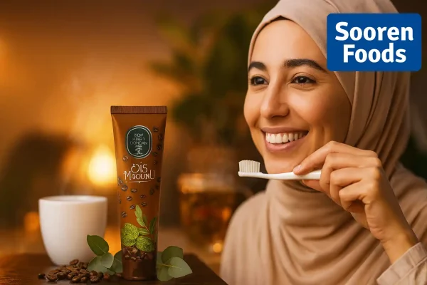 زن وگان باحجاب در حال لبخند و مسواک زدن با خمیردندان قهوه ایوب صبری وگان در فضایی گرم و طبیعی