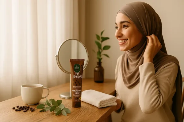 زن وگان باحجاب در صبحی روشن در حال آماده شدن با لبخند، در کنار خمیردندان قهوه ایوب صبری وگان روی میز چوبی با فنجان قهوه و برگ اکالیپتوس