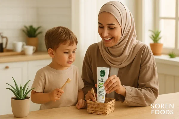 مادر و فرزند در آشپزخانه روشن و گرم در حال استفاده از خمیر دندان آلوئه ورا ایوب صبری وگان