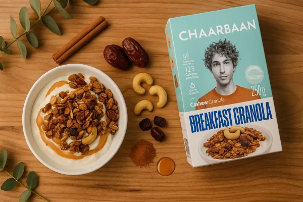 تصویر گرانولا چاربان به عنوان تاپینگ روی بستنی یا دسر گیاهی روی میز چوب سپیدار