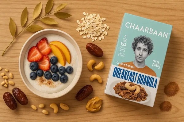 تصویر ماست سویا با میوه تازه و دارچین و گرانولا چاربان روی میز چوب سپیدار