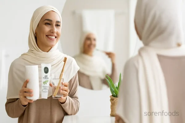 زن وگان با لبخند در حال استفاده از خمیر دندان آلوئه ورا ایوب صبری