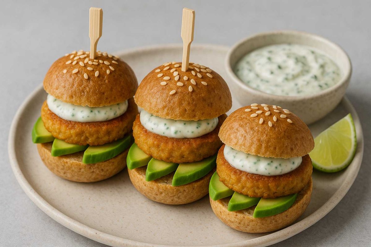 برگرهای کوچک وگان با نان سبوس‌دار، آووکادو و سس ماست بادام، سیر و لیمو روی پات‌فود؛ مناسب پذیرایی مهمانی