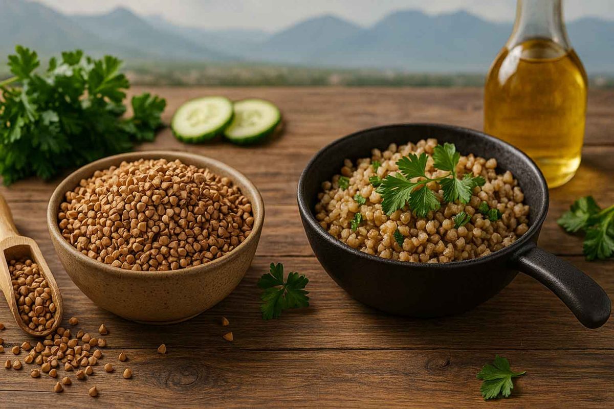 گندم سیاه (باکویت/گرچکا) خام و پخته در دو کاسه روی میز چوبی با سبزی تازه و روغن؛ گزینه‌ای ارگانیک و بدون گلوتن