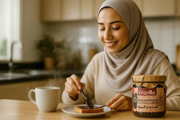 زن باحجاب در آشپزخانه در حال مالیدن معجون سیاهدانه عناب و قهوه نایجلا روی نان تست – شروع روز با انرژی طبیعی – تصویر تبلیغاتی سورن فودز 
