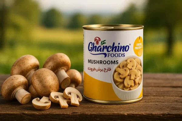 تصویر کنسرو قارچ برش خورده قارچینو روی میز چوبی در فضای مزرعه با قارچ تازه – سبک ارگانیک و طبیعی