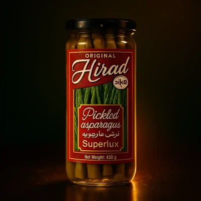 ترشی مارچوبه هیراد در نور طلایی و پس‌زمینه تیره لوکس با جلوه سینمایی