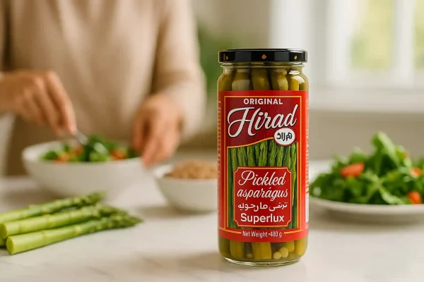 ترشی مارچوبه هیراد در آشپزخانه مدرن کنار سالاد و سبزیجات تازه، مناسب سبک زندگی وگان