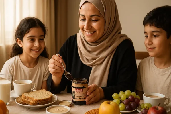 مادر باحجاب در حال سرو معجون سیاهدانه عناب و قهوه نایجلا برای دو کودک روی میز صبحانه با چیدمان سالم و نور گرم – تصویر مناسب برای تقویت ایمنی بدن خانواده 