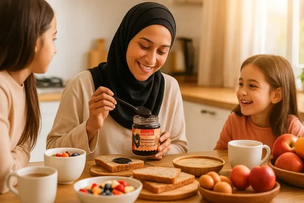 مادر باحجاب در حال سرو معجون سیاهدانه عناب و قهوه نایجلا برای فرزندان روی میز صبحانه با چیدمان سالم و نور گرم – تصویر تبلیغاتی تقویت ایمنی خانواده 