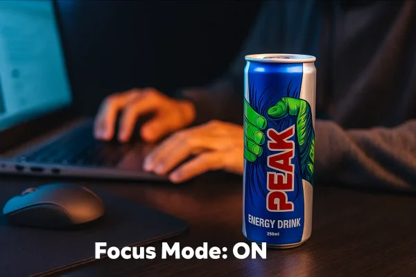 تصویر نوشابه انرژی زا پیک روی میز کار کنار لپ‌تاپ در حالت تمرکز و کار طولانی 