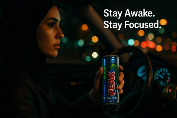 تصویر راننده باحجاب در ماشین در شب در حال گرفتن نوشابه انرژی زا پیک با پس‌زمینه شهری بوکه 