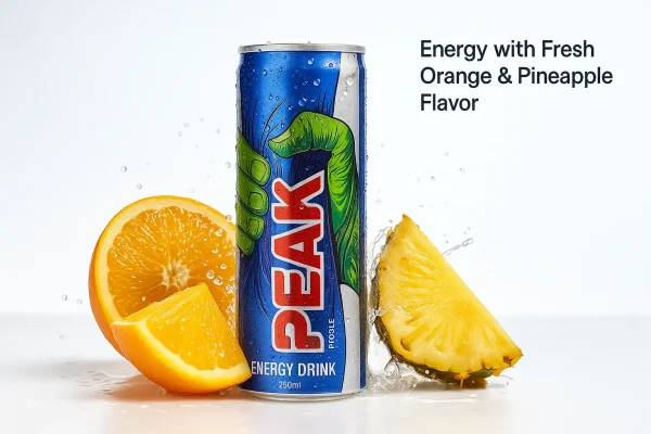 تصویر نوشابه انرژی زا پیک با طعم پرتقال و آناناس روی پس‌زمینه سفید با تکه‌های میوه و افکت خنکی 