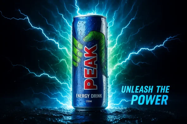 تصویر نوشابه انرژی زا پیک با افکت الکتریکی و انفجار انرژی روی پس‌زمینه تاریک 