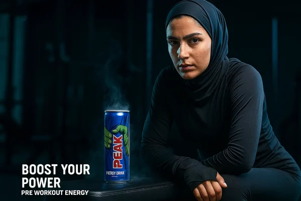 تصویر نوشابه انرژی زا پیک در باشگاه با ورزشکار باحجاب در حالت آماده تمرین 