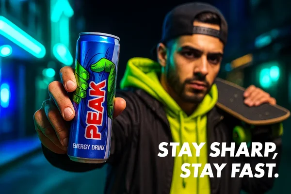 تصویر جوان اسکیت‌سوار در خیابان شبانه با نور نئونی در حال نشان دادن نوشابه انرژی زا پیک 