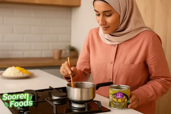 زن جوان در حال گرم کردن کنسرو خورش کرفس بدون گوشت در آشپزخانه مدرن