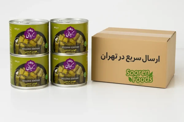بستههای کنسرو خورش کرفس گیاهی سورن فودز با بستهبندی برند و برچسب ارسال سریع در تهران