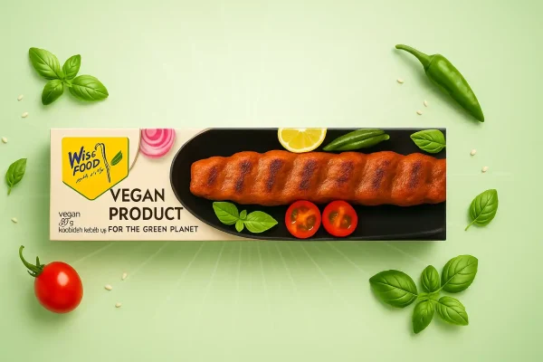 بسته کباب کوبیده گیاهی وایزفود در پسزمینه سبز روشن با سبزیجات تازه و حالوهوای سالم و وگان