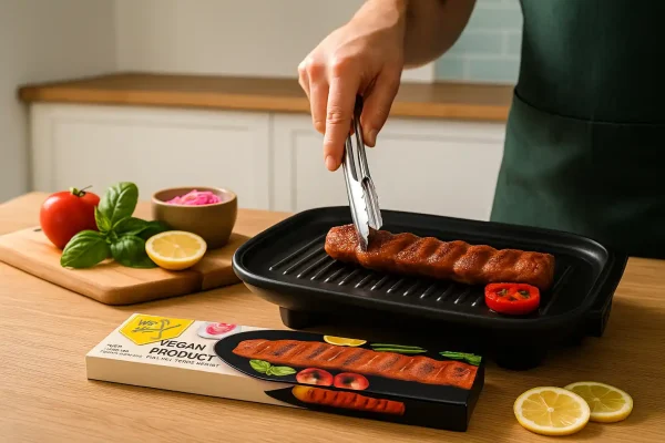 کباب کوبیده گیاهی وایزفود روی گریل در آشپزخانه مدرن، همراه با سبزیجات تازه و دست در حال برداشتن کوبیده