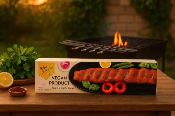 بسته کباب کوبیده گیاهی وایزفود روی میز چوبی در حیاط ایرانی با منقل روشن و نور غروب طلایی