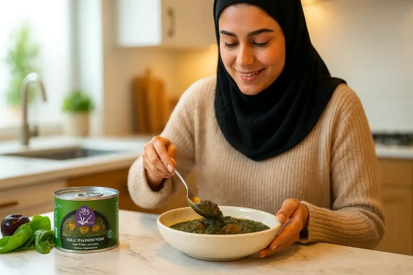 تصویر زن جوان در آشپزخانه مدرن در حال سرو کنسرو آلو اسفناج بدون گوشت گیلانی سورن فودز