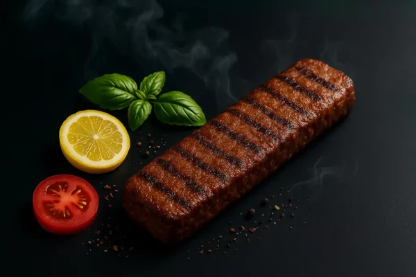 شات تبلیغاتی کباب برگ گیاهی وایزفود روی پس‌زمینه تیره با گوجه، لیمو و ریحان – تصویر 16:9 مناسب صفحه محصول سورن فودز