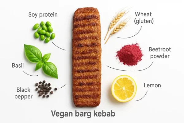 شات ترکیبات کباب برگ گیاهی وایزفود با نمایش سویا، گلوتن گندم، پودر چغندر، لیمو و فلفل سیاه در پس‌زمینه سفید – تصویر 16:9 مناسب صفحه محصول سورن فودز