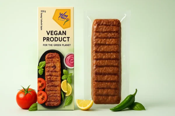 تصویر بسته‌بندی و وکیوم کباب برگ گیاهی وایزفود در پس‌زمینه روشن سبز، همراه با سبزیجات تازه