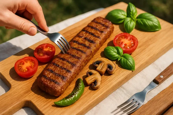 کباب برگ گیاهی وایزفود روی تخته چوبی در سبک پیک‌نیک، همراه با گوجه، قارچ و ریحان